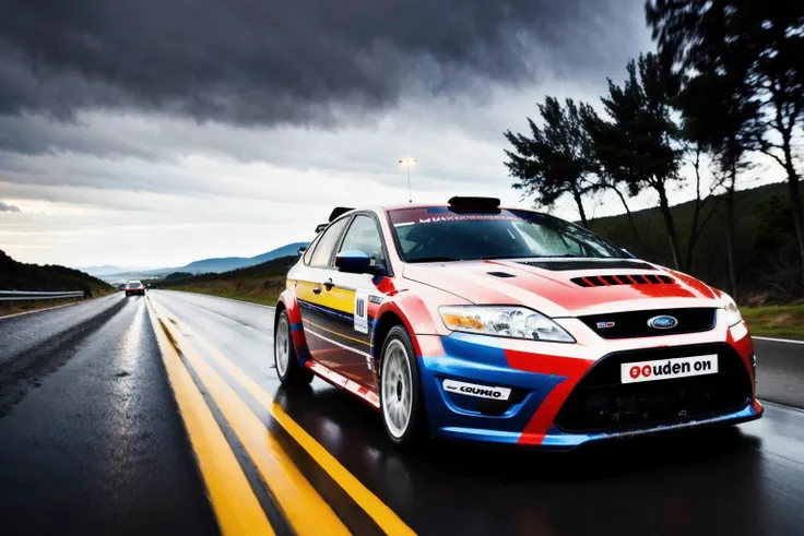 MONDEO4 masterpiece,best quality,official art,extremely detailed CG unity 8k wallpaper,illustration, ((TUNED RALLY car)), bright, sports car, vehicle focus, road, ((need for speed)),((NFS)), moving, wet, (((NIGHT))),neon lights,drift, <lora:MONDEO4:.8>