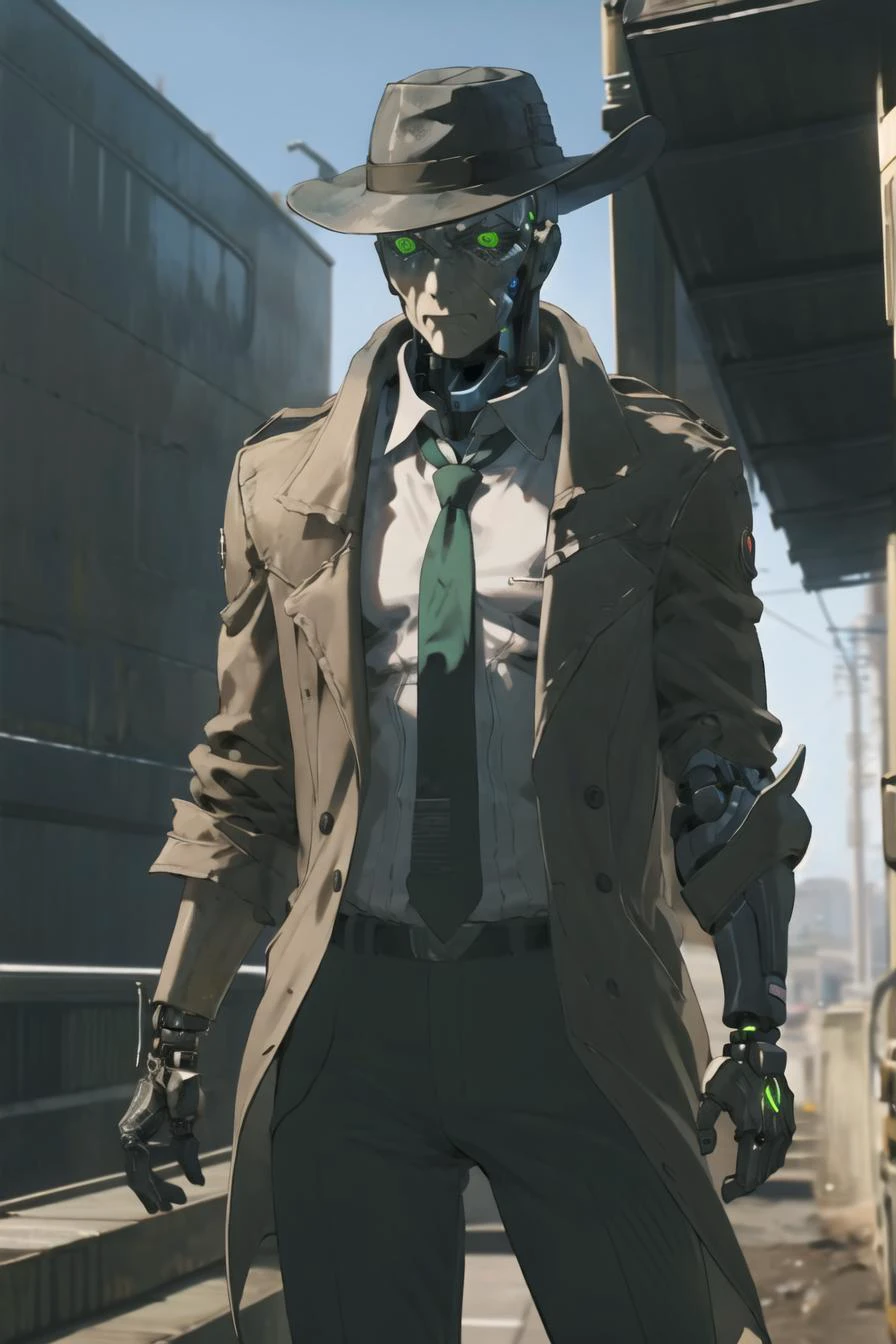 (masterpiece),best quality,a man with a hat and a tie and a jacket, cyborg, green cyber eyes, serious emotion,<lora:nickval:0.85>,