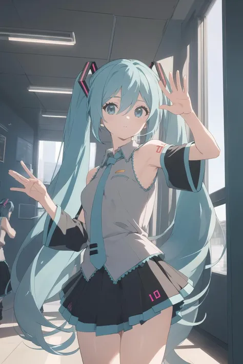 (masterpiece),best quality,cowboy_shot,medium_shot,thighs,looking at viewer,Look directly,(Hatsune Miku),dancing pose,waving,(retro artstyle),