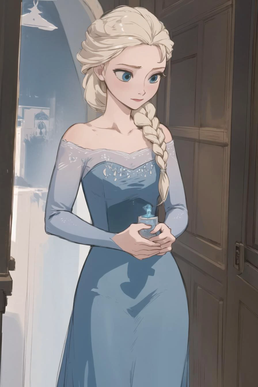 (masterpiece),best quality,<lora:elsaFrozenDisney_v10:0.75>,ElsaWaifu,blue dress,single braid,