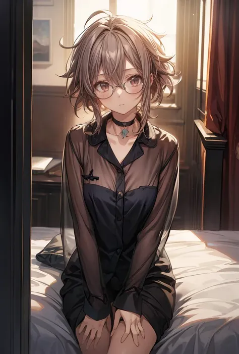 (masterpiece, best quality), 1girl, messy hair, choker, black silk pajamas, see-through, glasses, <lora:add_detail:1>