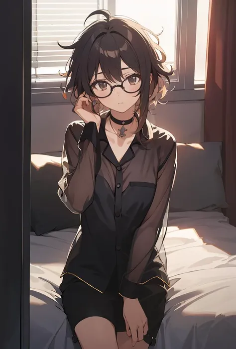 (masterpiece, best quality), 1girl, messy hair, choker, black silk pajamas, see-through, glasses,