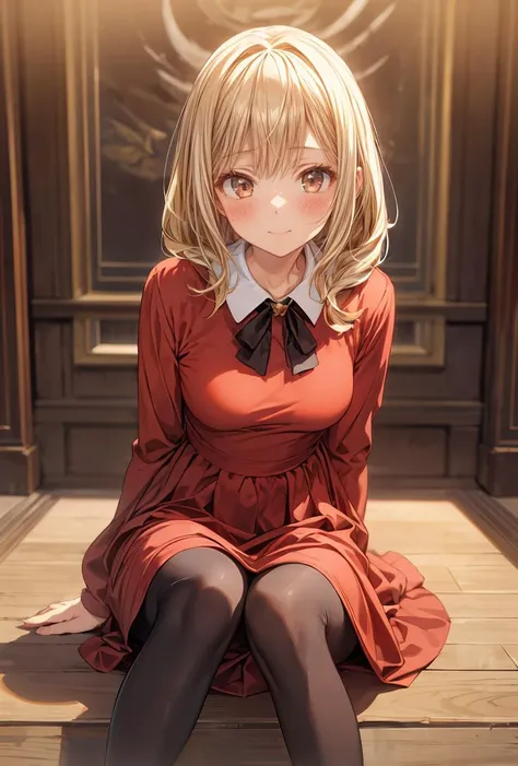 (masterpiece, best quality), 1girl, blonde hair, red dress, pantyhose, cute face, blush, <lora:add_detail:1>