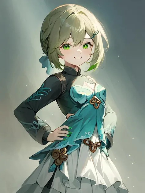 ultra-detailed,(best quality),((masterpiece)),(highres),original,extremely,<lora:qingquex_xl:0.8>,qingque,1girl,solo,smile,skirt,looking at viewer,green nails,hand on hip,white skirt