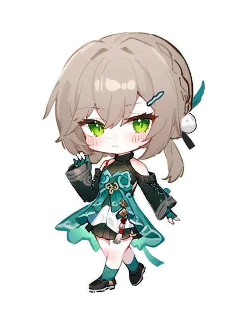 ultra-detailed,(best quality),((masterpiece)),(highres),original,extremely,<lora:qingquex_xl:1>,qingque, 1girl, solo, white background, chibi, simple background, full body, black footwear, gloves, dress, socks, closed mouth, standing, bare shoulders, black gloves, green dress, boots, long sleeves, elbow gloves