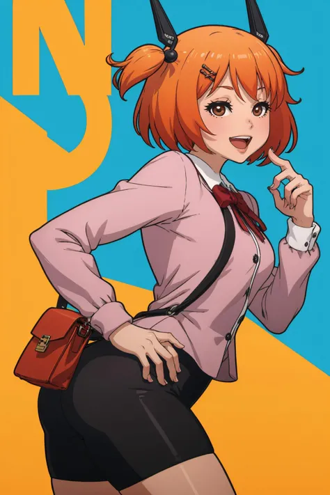 (masterpiece, best quality:1.2),  <lora:mikeinel:1>, mikeinel, 1girl, solo, bag, hair ornament, open mouth, looking at viewer, clothes writing, two side up, smile, shirt, shorts, long sleeves, orange hair, brown eyes, handbag, bike shorts, short hair, black shorts