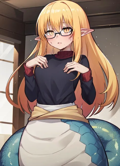 ((best quality)), ((highly detailed)), absurdres, extremely detailed face, beautiful face, (detailed eyes, deep eyes), (1girl), (glasses), dynamic pose, upper body, <lora:aiomonstergirls_aiov4LoraLycoris:.5>, <lora:animeLamia_v10:1>, (lamia), scales, tail, merged at waist, standing, (dirty blonde hair, dirty blonde scales), orange eyes, <lora:slit-pupils:1>, snake eyes, pointy ears, (inside, in a gym), <lora:mike_inel_v2:.9>, mikeinel