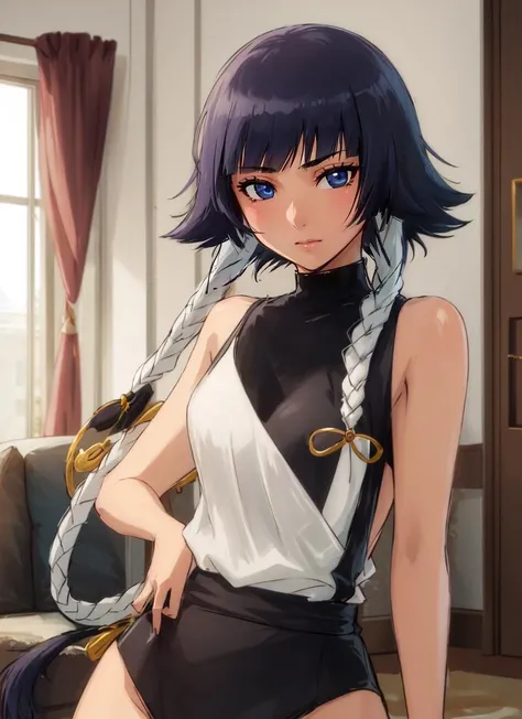 ((best quality)), ((highly detailed)), masterpiece, detailed face, beautiful face, (detailed eyes, deep eyes), (1girl), cowboy shot, <lora:bleachSoifon_v10:.85>, Soi fon, low twin braids, black hair, short hair with long locks, (inside, in a living room), <lora:mike_inel:.65>, mike inel