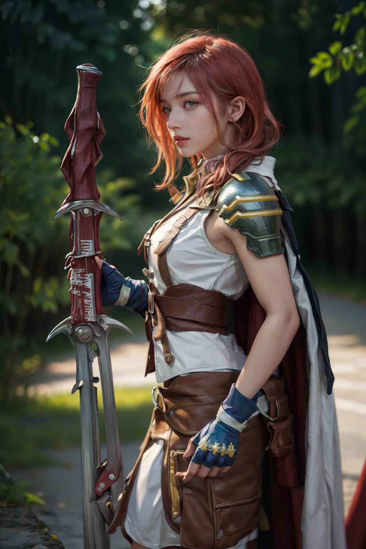 (8k, RAW photo, best quality, masterpiece:1.1), High detail RAW color photo,
,(realistic, photo realistic:1.25),
,(ultra-detailed hair, many detailed tangle hair streak:1.2)
,(looking at viewer:1.2),dynamic angle
,<lora:FF13_lightning-10:1>(lightning farron,white sleeveless,shoulder armor,cape,skirt,fingerless gloves:1.2)
<lora:colorify:1.2>
,full body
,(futuristic cities background:1.2)
,(hip focus,from side:1.2)
,<lora:Landsknecht:0.5>Landsknecht ,((holding sword)),knight sword