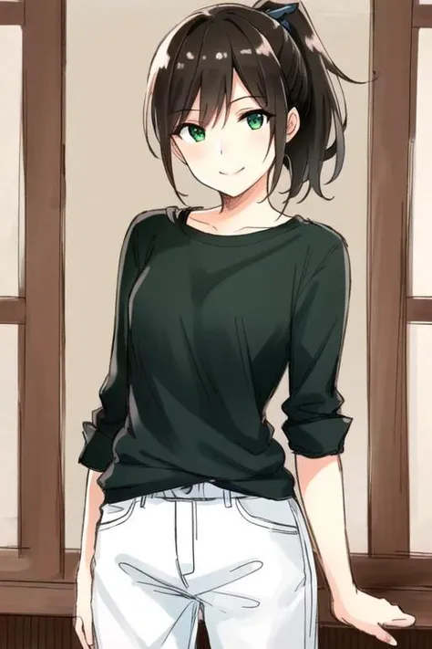 best quality, best illustration, masterpiece, solo, 1girl, brown, short ponytail, green eyes, cowboy shot, closed mouth, light smile, casual, aged up, looking at viewer, facing viewer, sketch <lora:napata_style:.5>