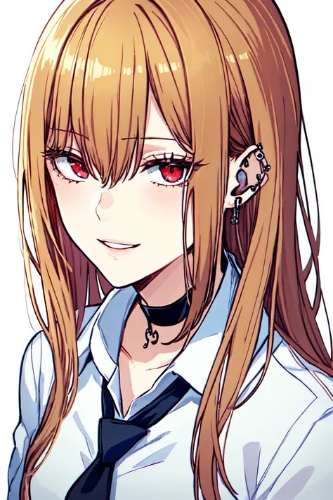 napata, masterpiece, best quality, kitagawa marin, 1girl, black choker, blonde hair, blue necktie, choker, ear piercing, hair between eyes, long hair, looking at viewer, necktie, parted lips, piercing, red eyes, school uniform, shirt, simple background, smile, solo, upper body, white background, white shirt, <lora:napata_offset:0.7>, <lora:makimaChainsawMan_offset:1>