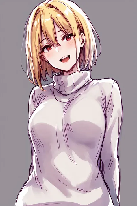 napata, masterpiece, best quality, 1girl, :d, arms behind back, blonde hair, breasts, from below, hair intakes, head tilt, long sleeves, looking at viewer, medium breasts, open mouth, red eyes, short hair, sketch, smile, solo, sweater, turtleneck, turtleneck sweater, upper body, white background, white sweater ,<lora:napata_offset:1>