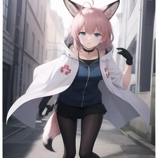 masterpiece,best quality,absurdres,highres,1girl,solo,upper body,animal_ears,blue_eyes,fox_ears,fox_tail,white_gloves,ahoge,sneakers,black_pantyhose,short_hair,red_cross,jacket,brown_hair,looking_at_viewer,fox_girl,white_footwear,hooded_cloak,black_skirt,black_choker,blue_shirt,id_card,white_cloak,<lora:Sussurro(ark)>,