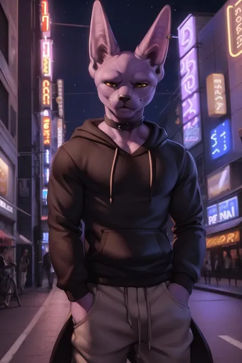 (by honovy, by personalami, by zackary911), male, siamese, solo, beerus, fur, muscular, topwear, clothed, bottomwear, night, akihabara, tokyo, street, neon lights, wearing hoodie