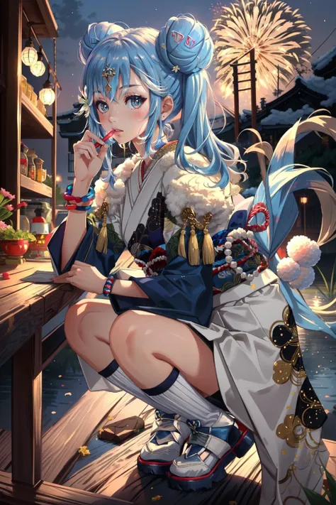 (masterpiece, best quality),  intricate details,
1girl,    <lora:kobo_kanaeru:0.8> bbkobo,multicolored hair,long hair,double bun,twintails,bangs,hair ornament,kimono,japanese clothes,sash,obi,long sleeves,wide sleeves,sleeves past wrists,pom pom \(clothes\),socks,fur trim,shoes,white footwear, cckobo,multicolored hair,long hair,side ponytail,flower,(hair ornament:1.2),shirt,blue shirt,sleeveless,bracelet,handbag,shorts,white shorts,high heels,(blue footwear:1.2), 
outdoors, night, fireworks, obon, festival, oden,