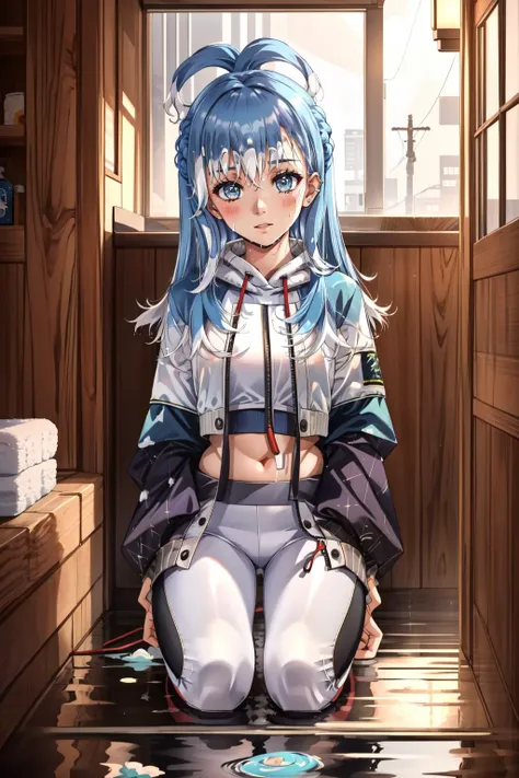 (masterpiece, best quality), intricate details,
1girl, <lora:kobo_kanaeru:0.8> aakobo,two-tone hair,liquid hair,long hair,bangs,earrings,piercing,see-through,jacket,cropped hoodie,white hoodie,drawstring,long sleeves,midriff,sleeves past wrists,blue nails,pants,white pants,sunglasses,white socks,sneakers,white footwear,
indoors, bathing, soap, bubbles, onsen, sweating, wet, seiza, on knees,