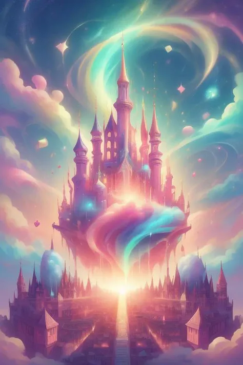 <lora:CandyMagic-22:0.9>, candymagic , vibrant , sugary aura, fantasy, kingdom, buildings, castle , crowded, stores , rooftop,