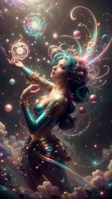 a beautiful whimsical woman standing under a multi-colored binary blackhole with an accretion disc, casting magic, glowing trails following her arms, wearing professional makeup, by Lois van Baarle, by Greg Rutkowski, by artgerm, by beeple, by studio ghibli, cinematic angle, volumetric lighting, 4k resolution, octane render, trending on artstation, masterpiece <lora:AetherPunkAI:0.8> AetherPunkAI <lora:CandyMagic:0.8> candymagic , vibrant , sugary aura
