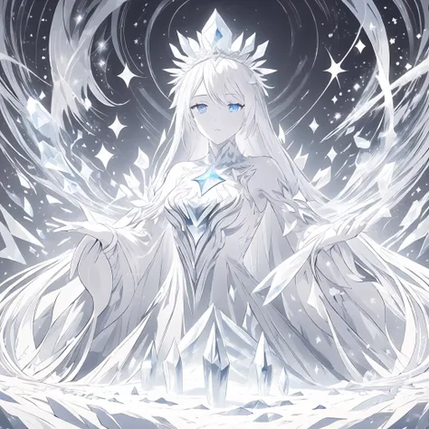 masterpiece, best quality, ultra detailed, 1girl, crown, long white dress, white hair, long hair, big eyes, detailed eyes, snow landscape, icy aura, magic, queen of ice, <lora:animeoutlineV4_16:1> lineart, monochrome <lora:CandyMagic-22:1> candymagic , vibrant