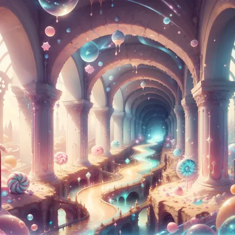 <lora:CandyMagic-22:0.9>, candymagic , vibrant , sugary aura, cream stream,
(dungeon interior :1.1) , labyrinth, bridge , pillars, dark indoors, pedestal