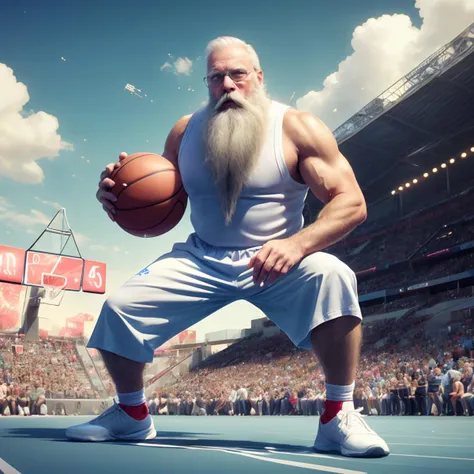 A photo of an old man with a long white beard who is playing basketball, he is very muscular and looks extremely cool. Background is basketball stadium. <lora:CandyMagic-22:0.9> candymagic , vibrant , sugary aura