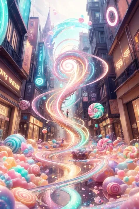 <lora:CandyMagic-22:0.9>, candymagic , vibrant , sugary aura equirectangular 360 vr urban street twisted into spiral, highly detailed, photorealistic, reflections, smooth, sharp focus, concept art, illustration, beautiful, geometric, trending on artstation, cinematic, featured on behance , artwork by WLOP and Tran, Ross
