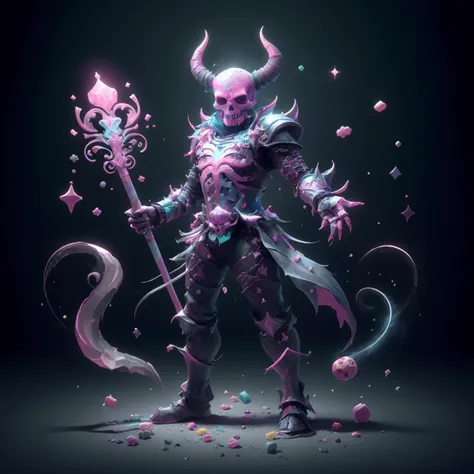 A full body photo of a murderous demon with skull head, wearing armor made of candies and holding candy sword. The background is magical, corolful castle <lora:CandyMagic-22:1> candymagic , vibrant , sugary aura