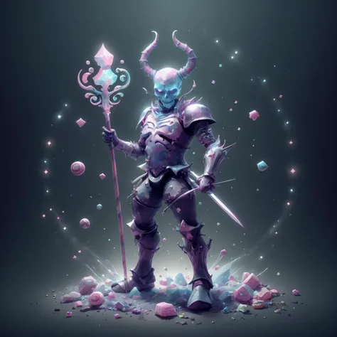 A full body photo of a murderous demon with skull head, wearing armor made of candies and holding candy sword. The background is magical, corolful castle <lora:CandyMagic-22:1> candymagic , vibrant , sugary aura
