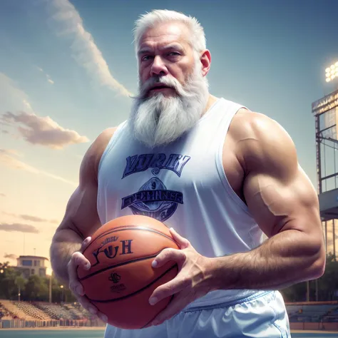 A photo of an old man with a long white beard who is playing basketball, he is very muscular and looks extremely cool. Background is basketball stadium. <lora:CandyMagic-22:0.9> candymagic , vibrant , sugary aura