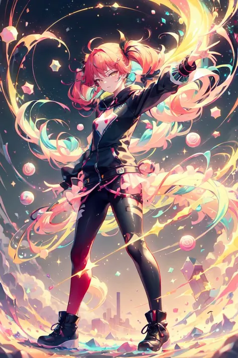 <lora:CandyMagic:1> candymagic , vibrant , sugary aura,, ultra detailed, masterpiece, best quality, solo, 1girl, red hair, (orange eyes:0.5), (amber eyes:1.3), swept bangs, parted bangs, medium hair, small breasts, <lora:Tsurime3:1>, (tsurime:1.2), (low twintails:1.35),
leggings, leather jacket, long shirt, combat boots, hoodie,