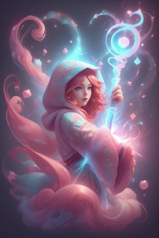 <lora:CandyMagic-22:0.9>, candymagic , vibrant , sugary aura, cream stream, (mage:1.1) , enchanted robe , holding staff, mage staff , hood up,red hair, long hair, 1girl,