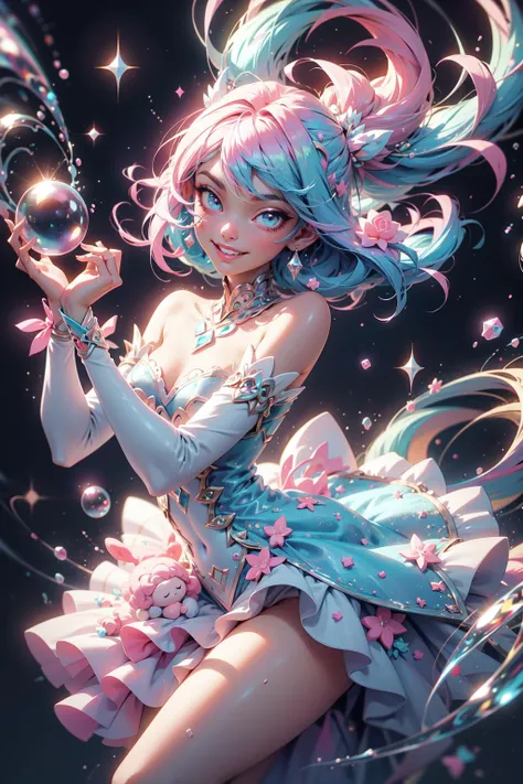 (masterpiece:1.1), (best quality:1.1), (detailed:1.0), (vibrant colors:1.2), BREAK, (pink and blue:1.2), (glitter:1.0), (glimmer:1.0), BREAK, (solo:1.2), (1girl:1.0), (dynamic pose:1.0), (frills:1.0), (fluffiness:1.0), (soft:1.0), (joyful:1.0), (laughing:1.0), (candymagic:1.0), (sugary aura:1.0), <lora:CandyMagic-22:0.8>, BREAK, (plushies:1.1), (beanbags:1.0), (bubbles:1.0)