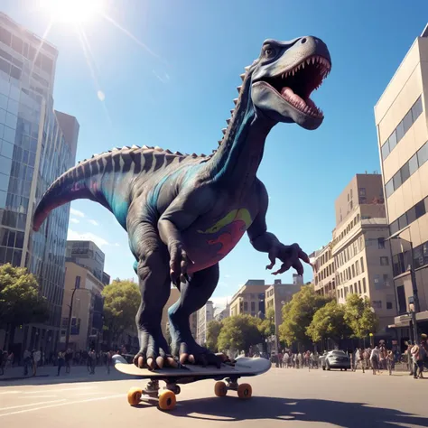 A photo of a dinosaur on a skateboard. The dinosaur is wearing rad hat and has black, stylish sunglasses. It's in the middle of the city and sun is shining high on the sky. <lora:CandyMagic-22:0.6> candymagic , vibrant
