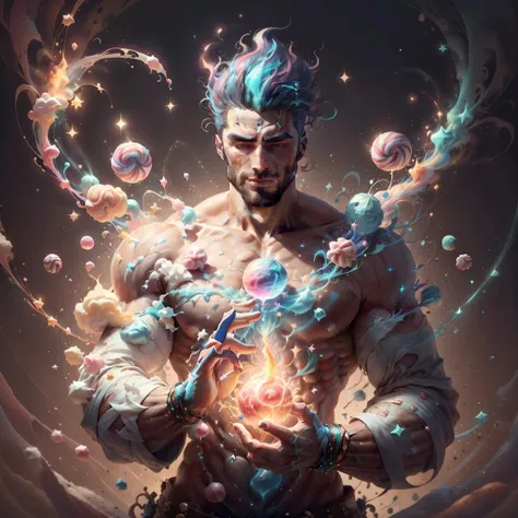 <lora:CandyMagic-22:0.9>, candymagic , vibrant , sugary aura, cream stream,
wizard, man, <lora:Gigachadv1:0.65> gigachad, glowing hair ,upper body, holding a flaming energy ball