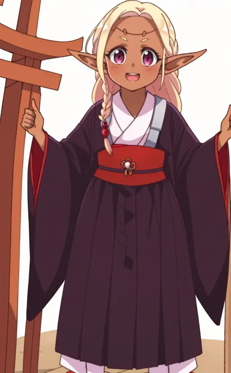 (masterpiece,best quality,high resolution:1.3),(japanese shrine,happy smile,blue sky:1.2),pointy ears, dark skin, dark-skinned female, smile, blonde hair, braid,full body, looking at viewer, standing, long sleeves, long hair, elf, hand up,open mouth, blush, wide sleeves, red eyes, skirt, dark elf, sandals, purple eyes<lora:yorde_v2:0.75>