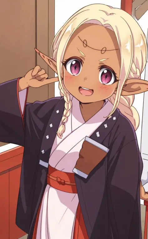 (masterpiece,best quality,high resolution:1.3),(japanese shrine,blue sky:1.2),looking at viewer,V-sign,peace sign,pointy ears, braid, blonde hair, dark skin, dark-skinned female, elf,happy smile, long hair, japanese clothes, single braid, side braid, long sleeves,open mouth,<lora:yorde_v2:0.7>