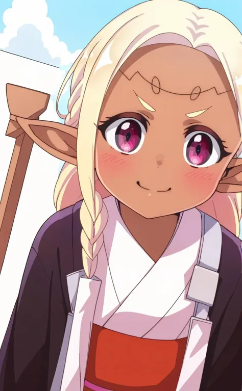 (masterpiece,best quality,high resolution:1.3),(japanese shrine,blue sky:1.2),closed eyes, pointy ears, smile, braid, blonde hair, facing viewer, long hair, blush, closed mouth, dark skin, dark-skinned female, elf,v-shaped eyebrows, short eyebrows,<lora:yorde_v2:0.75>