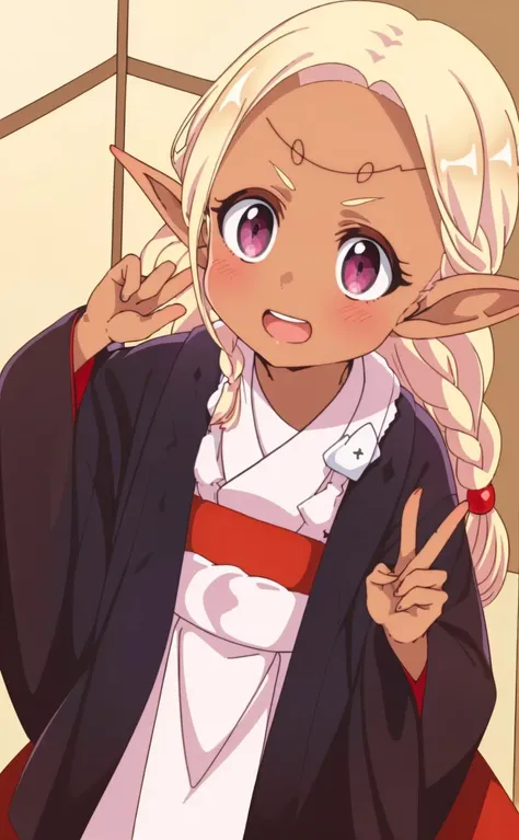 (masterpiece,best quality,high resolution:1.3),(japanese shrine,blue sky:1.2),looking at viewer,V-sign,peace sign,pointy ears, braid, blonde hair, dark skin, dark-skinned female, elf,happy smile, long hair, japanese clothes, single braid, side braid, long sleeves,open mouth,<lora:yorde_v2:0.7>