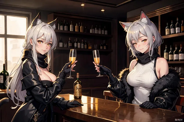 (best quality), (detailed), 4girls, alcohol, animal ears, armlet, back, bar, bar stool, bare shoulders, bartender, black gloves, black scarf, blonde hair, bottle, huge breasts, cat ears, champagne flute, closed eyes, coat, copyright name, counter, cup, demon horns, drinking glass, elbow gloves, fur-trimmed_coat, fur trim, gloves, grey hair, grey sweater, holding, holding cup, horns, indoors, jacket, liquor, long hair, looking at viewer, multiple girls, off shoulder, open clothes, open jacket, ribbed sweater, scarf, shaking, shelf, short hair, sign, sitting, smile, standing, stool, sweater, turtleneck, turtleneck sweater, whiskey, white jacket, yellow eyes