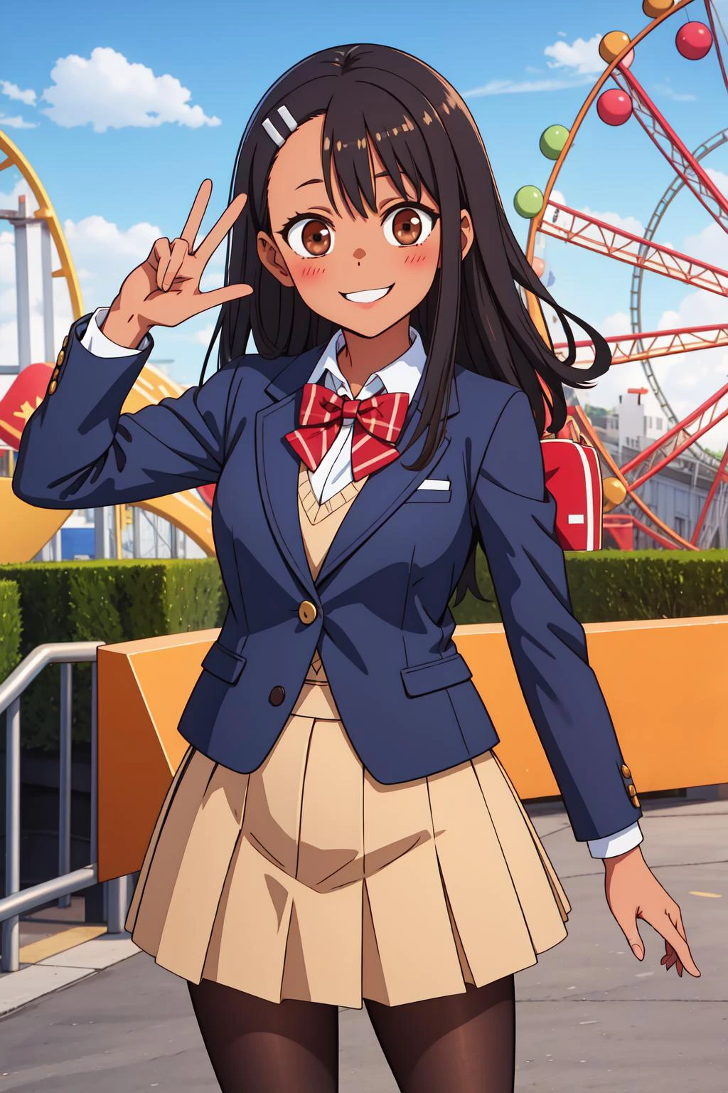 masterpiece, best quality, highres, looking at viewer, nagatoro hayase, hair ornament, brown eyes, hairclip ,dark skin, black hair,
hair ornament, hair ribbon, brown eyes, red bowtie, blue jacket, blazer, long sleeves, plaid skirt, brown skirt, pantyhose, peace sign, amusement park, smile, standing, <lora:Nagatoro_V3:.6>