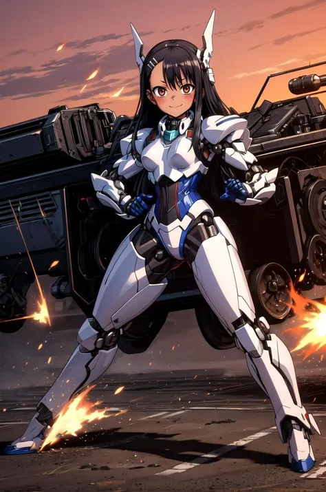 (masterpiece, best quality, detailed), 1girl, solo, nagatoro hayase, hair ornament, brown eyes, hairclip ,dark skin, black hair, looking at viewer,
<lora:mecha_offset:1>, mecha musume,mechanical parts, robot joints,single mechanical arm, headgear, mecha corset, full armor, world war ii, war, military vehicle, battlefield, battle, dust, smoke, burning, fire, red sky, explosion, fighting stance, (clenched hands), legs apart, evil smile