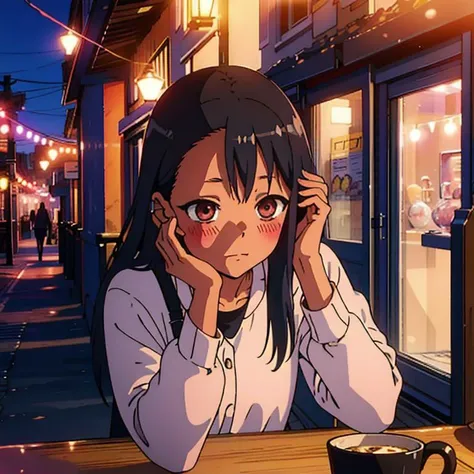 (masterpiece), 1girl, feel in love, blush, pink room, blue light, cozy, romantic, looking at camera, inside café, night outside, city lights <lora:Nagatoro_V3:1>