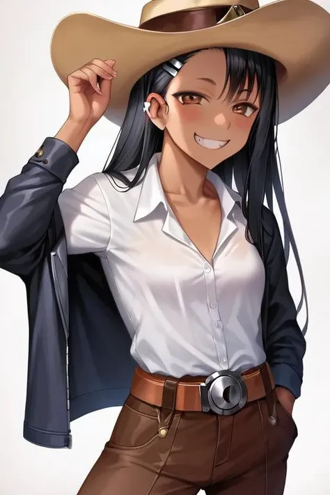 score_9, score_8_up, score_7_up, score_6_up, score_5_up, score_4_up, source_anime, BREAK, ((best quality)), ((highly detailed)), masterpiece, (detailed eyes, deep eyes), 2D, anime, Nagatoro Hayase, cowboy costume, cowboy hat, cowboy jacket, cowboy colt belt, cowboy leather shirt, delicate, cute, fit, stunningly beautiful, ultra realistic highly detailed hands and fingers, sexy pose, detailed evil smile, detailed smirk, half close eyes, realistic highly detailed ears, wild west background, realistic highly detailed face, hair ornament, brown eyes, hairclip ,dark skin, black hair, sharp focus <lora:Nagatoro_V3:0.7><lora:Nagatoro_V3-000009:1>