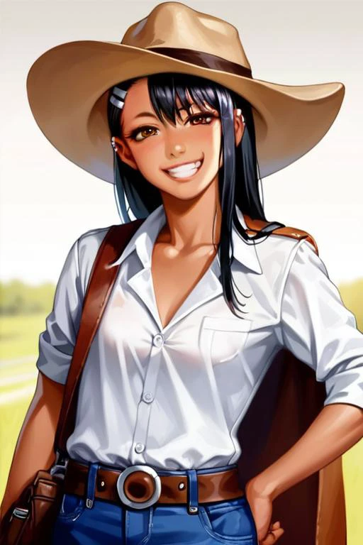 score_9, score_8_up, score_7_up, score_6_up, score_5_up, score_4_up, source_anime, BREAK, ((best quality)), ((highly detailed)), masterpiece, (detailed eyes, deep eyes), 2D, anime, Nagatoro Hayase, cowboy costume, cowboy hat, cowboy jacket, cowboy colt belt, cowboy leather shirt, delicate, cute, fit, stunningly beautiful, ultra realistic highly detailed hands and fingers, sexy pose, detailed evil smile, detailed smirk, half close eyes, realistic highly detailed ears, realistic very detailed wild west background, realistic highly detailed face, hair ornament, brown eyes, hairclip ,dark skin, black hair, sharp focus <lora:Nagatoro_V3:0.7><lora:Nagatoro_V3-000009:1>