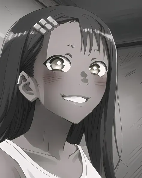 1girl, (solo), greyscale, indoors, nagatoro hayase, smile, hair ornament, hairclip, dark skin, black hair, (masterpiece), (hyper detailed), (intricate detail), (detailed pupils), 8k, dynamic, best quality, absurdres, <lora:Stps:1>, <lora:Nagatoro_Hayase:0.8>,