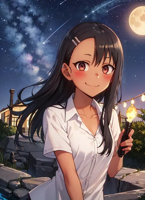 ((best quality)), ((highly detailed)), masterpiece, absurdres, (detailed eyes, deep eyes), (1girl), dynamic pose, upper body, <lora:Nagatoro_V3:.6>, nagatoro hayase, hair ornament, brown eyes, hairclip, ((dark skin)), black hair, evil smile, smirk, collared shirt, collarbone, pleated skirt, (outdoors, at a dark stone cavern, stalagmite, stalactites, evening, night sky, stars, multiple moons, shooting star)