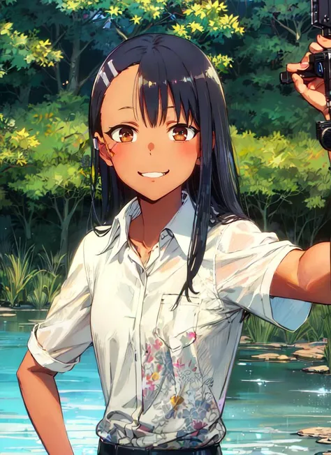 ((best quality)), ((highly detailed)), masterpiece, absurdres, extremely detailed face, beautiful face, (detailed eyes, deep eyes), (1girl), <lora:slim_tall-plump_short:-1.5>, dynamic pose, upper body, <lora:Nagatoro_V3:.7>, nagatoro hayase, hair ornament, brown eyes, hairclip, ((dark skin)), black hair, evil smile, tube socks, (outside, at a swamp, twilight, shooting star)