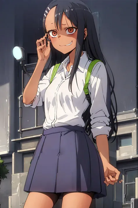 <lora:Hayase_Nagatoro:1> <lora:skin_tone_slider_v1:-1>,
1girl, solo,sitting, cyberpunk cityscape,night city \(city\), stealth in the city,small breast, masterpiece, professional artwork, famous artwork, perfect face ,nagatoro hayase, hair ornament, glowing brown eyes, hairclip,dark skin, black hair,school uniform, cowboy shot, black hair, beautiful face, evil smile, evil eyes, ((perfect female body, narrow waist)), background city,