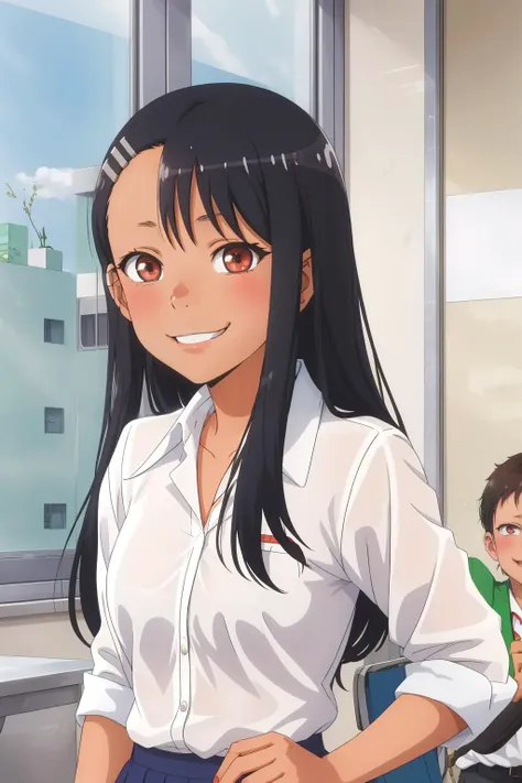 young girl,nagatoro_hayase,<lora:Nagatoro_Hayase:0.6>,in school,smiling