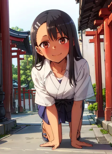 ((best quality)), ((highly detailed)), masterpiece, absurdres, detailed face, beautiful face, (detailed eyes, deep eyes), (1girl), from the front, dynamic pose, full body, (((wide shot))), <lora:Nagatoro_V3:.7>, nagatoro hayase, hair ornament, brown eyes, hairclip, ((dark skin)), black hair, evil smile, collared shirt, collarbone, pleated skirt, (outdoors, at a Japanese temple, torii, stone lanterns, dawn)